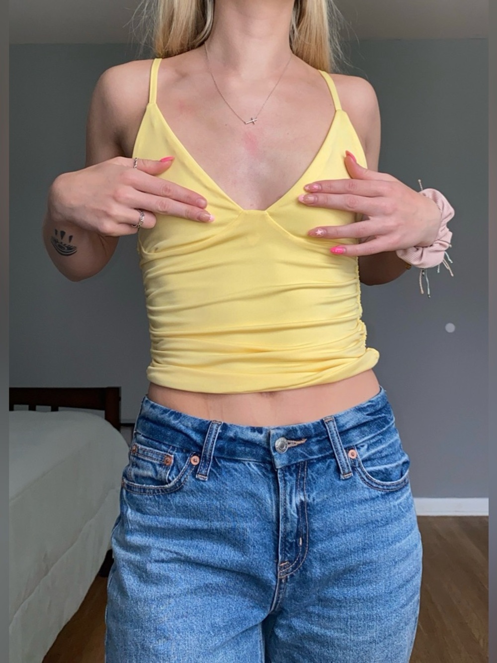 SHEIN Yellow V-Neck Ruched Spaghetti Strap Cami